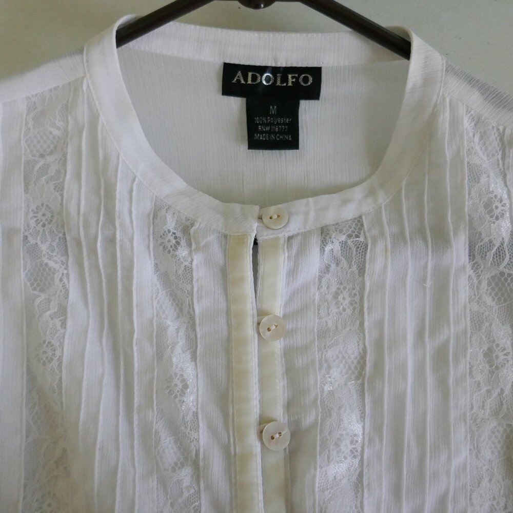 NWOT Adolfo sheer white pintuck and lace blouse size M